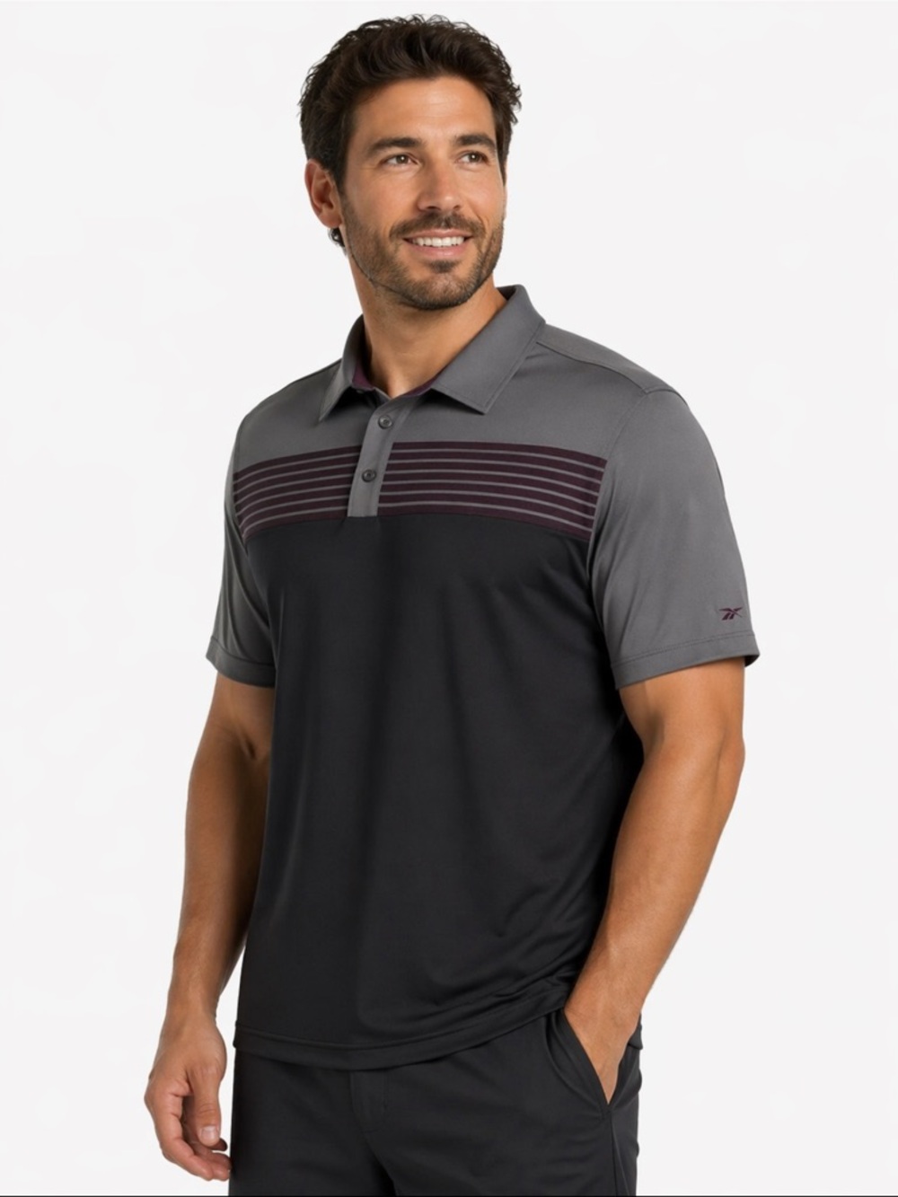 Reebok Performance Polo Shirt Chest Black & Gray Polo w Maroon Stripe Detail 2XL